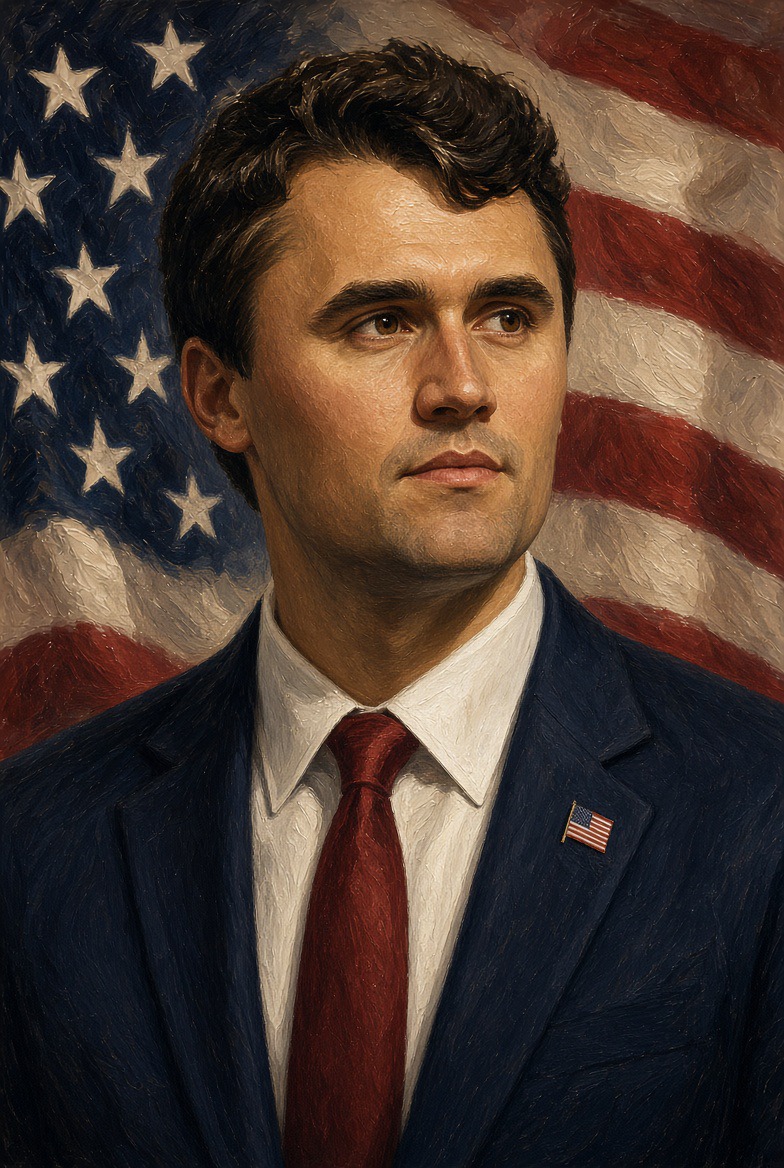 Artist-rendered memorial portrait of Charlie Kirk