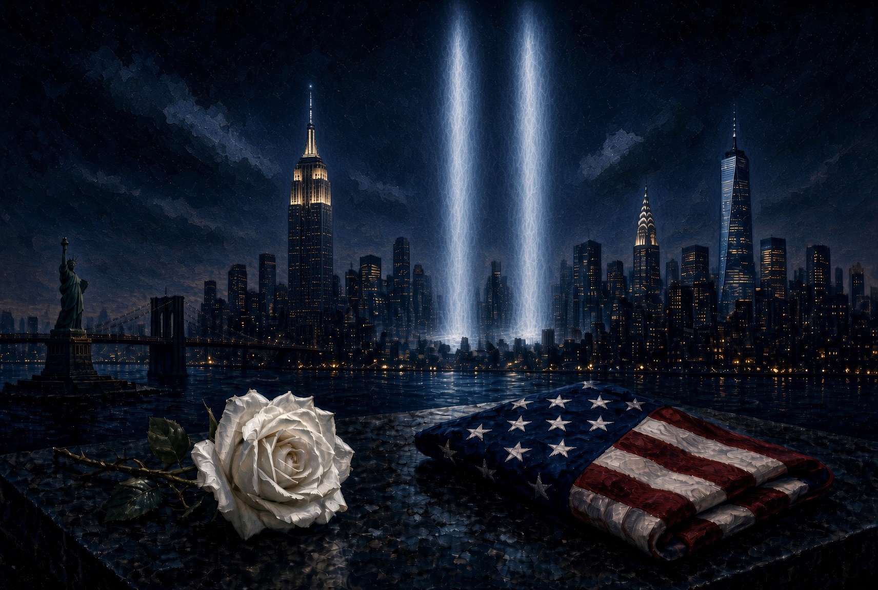 Artist-rendered 9/11 tribute with New York skyline, memorial lights, American flag and white rose